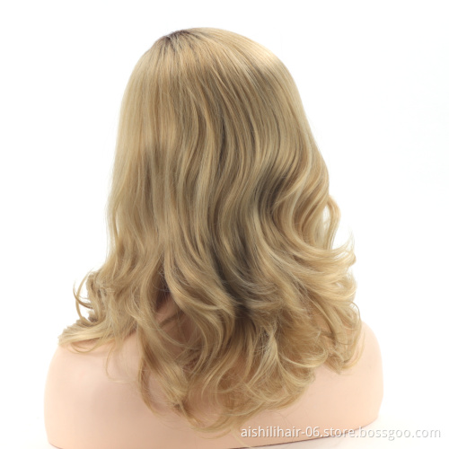 Aishili  Wholesale golden Mixed blone Long Wave Curly Hair Dark brown roots fiber Wigs Synthetic Hair wig for women